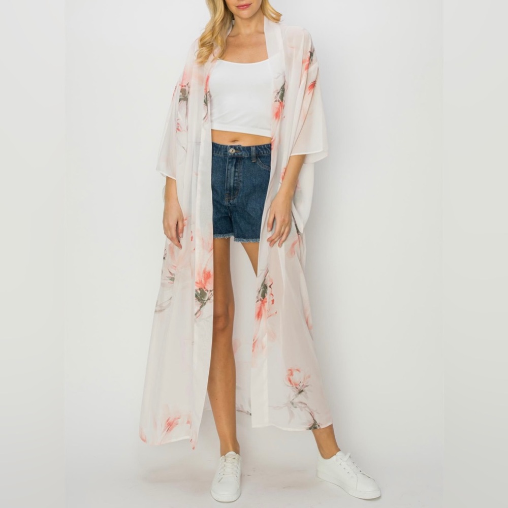 Floral Print Multicolor Chiffon Sheer Kimono Cardigan